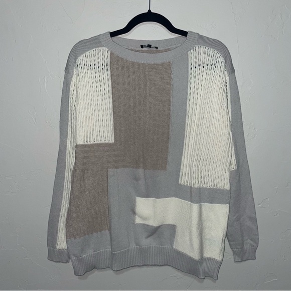 Lafayette 148 Patchwork Neutral Cotton Crewneck Sweater - Picture 1 of 5